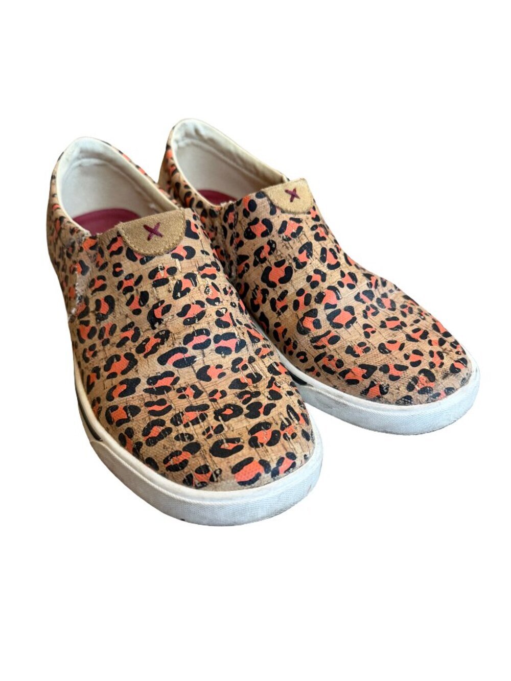 Twisted X Slip On Kicks Comfort Shoes Cork Leather Leopard Print Size 7.5 Womens